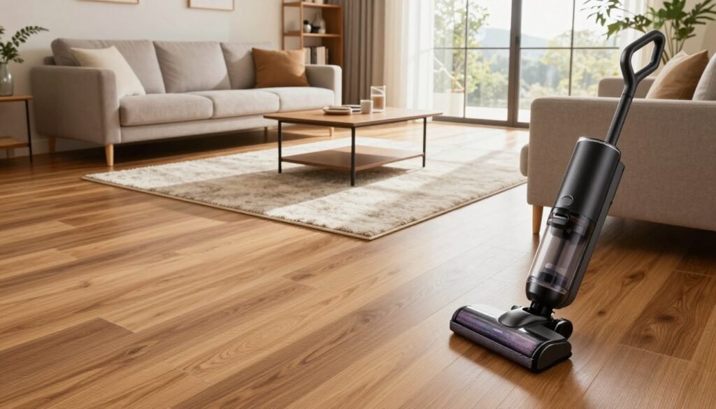 A beautifully designed living room with various types of flooring, showcasing a mix of hardwood, tiles, and plush carpets, offering a clear view of their textures and colors. The foreground features a stylish ComparaSmart vacuum cleaner, highlighting its sleek design and features. In the middle ground, there's a cozy area rug beneath a coffee table, adding warmth, while sunlight streams through large windows, casting natural light that enhances the ambiance. The background displays shelves with decorative items, creating a welcoming atmosphere. The scene should evoke feelings of cleanliness and comfort, ideal for a modern home. Use soft, diffused lighting and a wide-angle lens to capture the entire setting effectively.