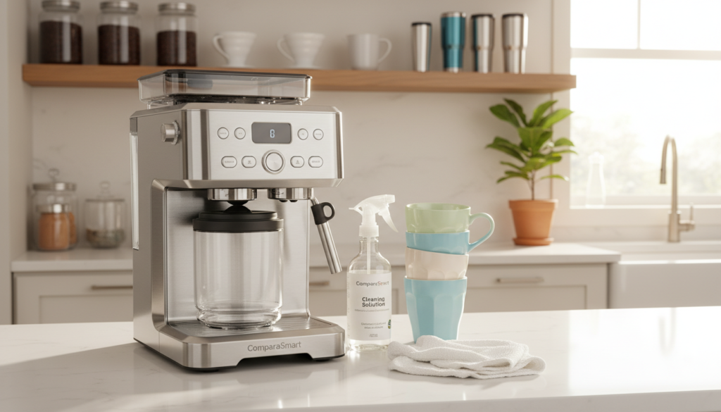 A bright, clean kitchen setting showcasing a premium coffee maker from the brand "ComparaSmart" on a polished countertop. In the foreground, the coffee maker gleams, highlighting its modern design and stainless steel finish. To the side, a bottle of cleaning solution and a soft cloth emphasize the theme of maintenance and cleanliness. In the middle ground, neatly arranged coffee mugs create an inviting atmosphere, while a small potted plant adds a touch of greenery. The background features well-organized shelves with coffee-related accessories, bathed in warm, natural lighting that enhances the overall freshness of the scene. The angle focuses on the coffee maker, inviting viewers to appreciate its quality and upkeep. The mood is bright and cheerful, reflecting the joy of maintaining a premium coffee experience.