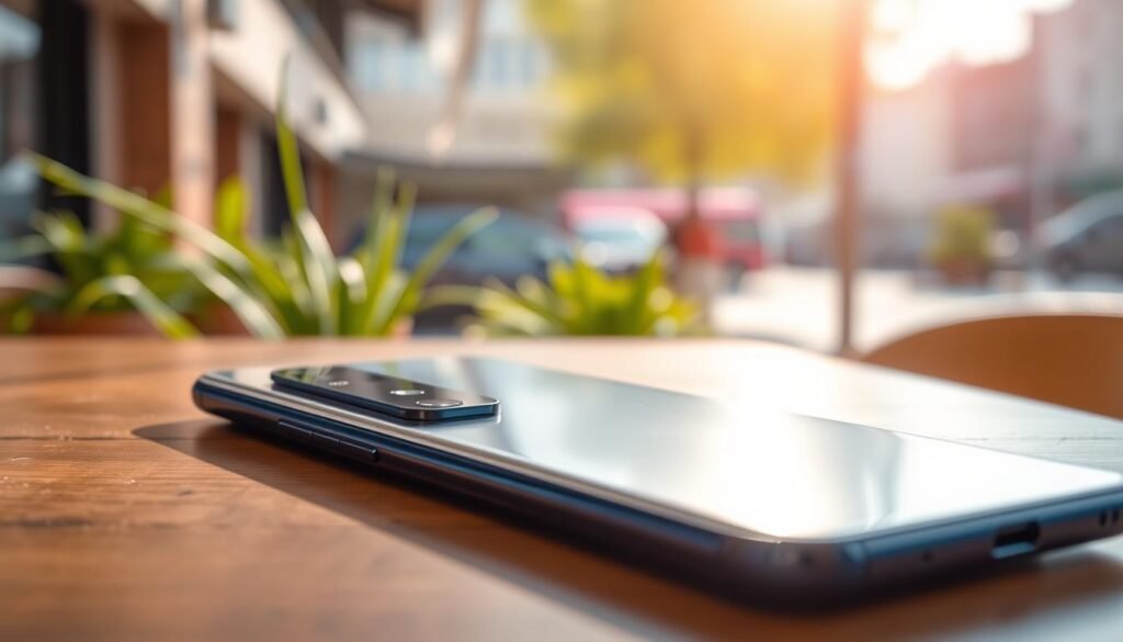 A close-up of the Redmi Note 15, showcasing its sleek design and advanced camera module. The phone should be positioned in the foreground on a wooden table, with the camera lens prominently displayed, glinting under soft, natural lighting. In the middle ground, a blurred background features vibrant green plants and a soft-focus urban setting, suggesting a photography environment. The angle should be slightly tilted to highlight both the camera's features and the device's overall elegance. The atmosphere is warm and inviting, evoking a sense of creativity and capturing moments of everyday life. No captions or text overlays, just the phone in its artistic context.