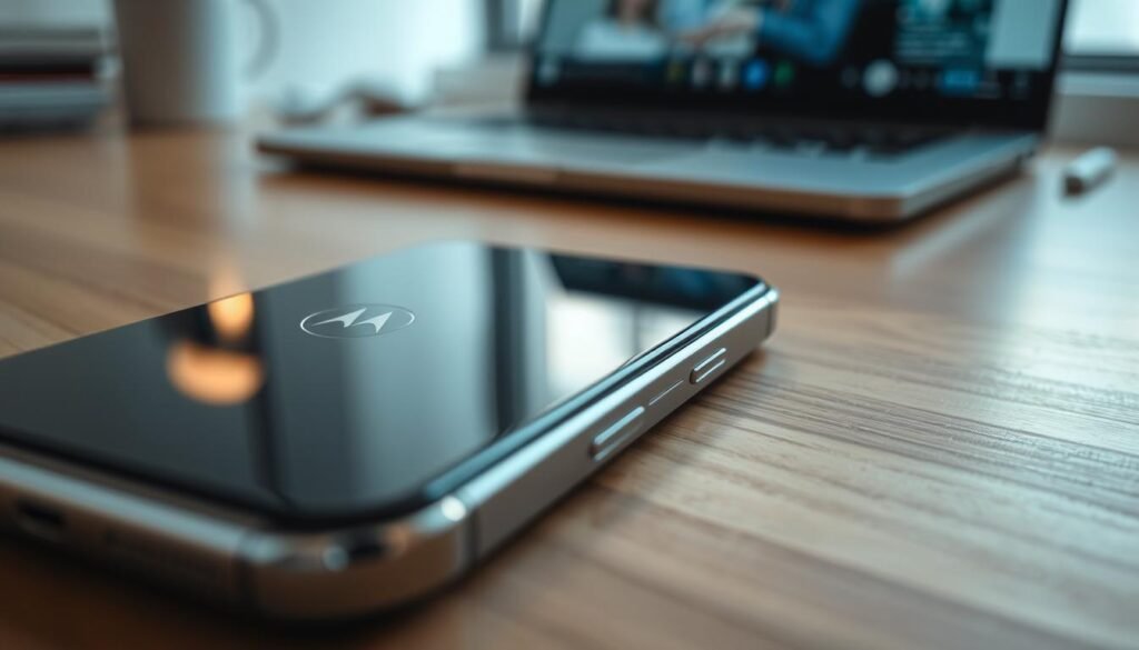 A close-up view of a Motorola Edge smartphone showcasing its sleek, modern design, emphasizing the quality of construction and durability. The foreground highlights the phone’s polished glass back and robust metal frame, reflecting light and creating a sense of sophistication. In the middle ground, the device is placed on a textured surface, such as wood or stone, to contrast its elegance. In the background, soft-focused elements suggest a tech-savvy workspace, like a blurred laptop or desk accessories, enhancing the mood of innovation. The lighting is bright but soft, creating a well-lit ambiance that highlights the smartphone's features without harsh shadows. The overall atmosphere conveys reliability and premium craftsmanship, appealing to tech enthusiasts.