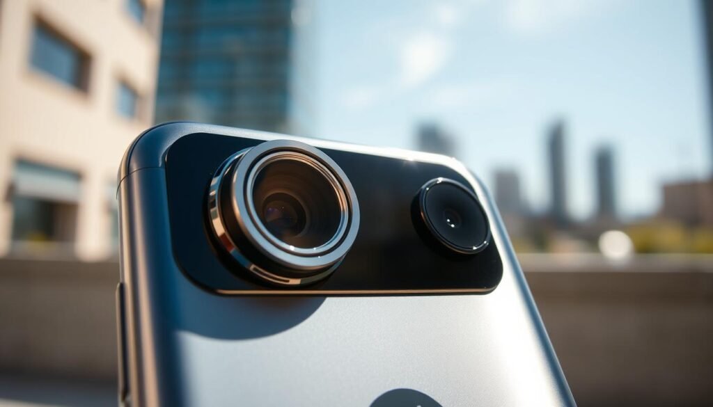 A close-up view of the advanced camera setup on a Motorola Edge smartphone, showcasing its sleek design and high-tech features. In the foreground, the dual-lens camera system is prominently displayed, with one lens featuring a distinct metallic ring for emphasis. The middle ground includes the body of the phone, reflecting light to highlight its elegant curves and modern finish. The background features a soft-focus, blurred urban landscape, suggesting the phone’s versatility in various environments. Utilize bright, natural lighting that enhances the photo's details, with shallow depth of field to create a professional and polished look. The overall atmosphere should convey cutting-edge technology and sophistication, appealing to photography enthusiasts and tech-savvy readers alike.