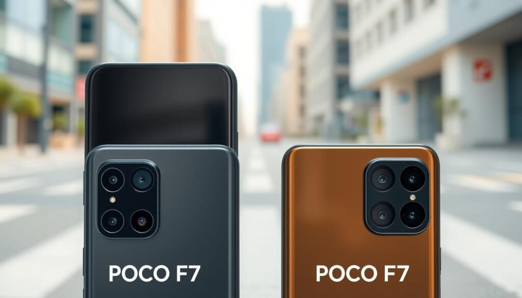 A detailed comparison image illustrating the camera features of the POCO F7 and POCO F7 Ultra. In the foreground, place the two smartphones side by side with their camera lenses facing the viewer, showcasing their sensors and design intricacies. In the middle ground, highlight the differences in camera specifications, such as lens sizes, flash placement, and additional sensors, using vivid colors to differentiate them. In the background, create a blurred urban setting to suggest a dynamic photography environment, with soft ambient daylight illuminating the scene. Use a slight angle to give depth to the composition, enhancing the visual comparison effect. The mood should be informative yet engaging, inviting viewers to consider the advancements in mobile camera technology displayed by each device. A detailed comparison image illustrating the camera features of the POCO F7 and POCO F7 Ultra. In the foreground, place the two smartphones side by side with their camera lenses facing the viewer, showcasing their sensors and design intricacies. In the middle ground, highlight the differences in camera specifications, such as lens sizes, flash placement, and additional sensors, using vivid colors to differentiate them. In the background, create a blurred urban setting to suggest a dynamic photography environment, with soft ambient daylight illuminating the scene. Use a slight angle to give depth to the composition, enhancing the visual comparison effect. The mood should be informative yet engaging, inviting viewers to consider the advancements in mobile camera technology displayed by each device.