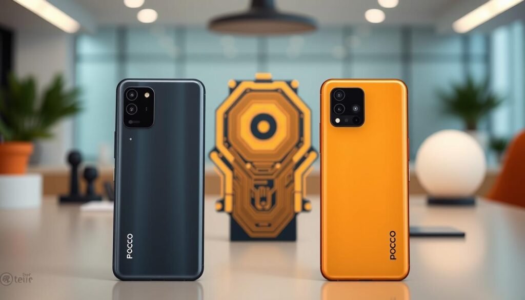 A detailed comparison image showcasing the POCO F7 and POCO F7 Ultra smartphones side by side in a modern, sleek environment. In the foreground, the two devices should be prominently displayed, with the POCO F7 on the left and the POCO F7 Ultra on the right, highlighting their distinct designs and features, such as camera placements and colors. In the middle ground, include subtle tech elements like a blurred out circuit board or digital patterns to suggest innovation and technology. The background should feature a clean workspace with a soft-focus, neutral-toned aesthetic to keep the attention on the phones. Use soft, diffused lighting to create a professional and polished look, evoking a sense of clarity and decision-making, suitable for a conclusion section. A detailed comparison image showcasing the POCO F7 and POCO F7 Ultra smartphones side by side in a modern, sleek environment. In the foreground, the two devices should be prominently displayed, with the POCO F7 on the left and the POCO F7 Ultra on the right, highlighting their distinct designs and features, such as camera placements and colors. In the middle ground, include subtle tech elements like a blurred out circuit board or digital patterns to suggest innovation and technology. The background should feature a clean workspace with a soft-focus, neutral-toned aesthetic to keep the attention on the phones. Use soft, diffused lighting to create a professional and polished look, evoking a sense of clarity and decision-making, suitable for a conclusion section.