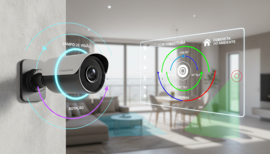 A high-tech Wi-Fi security camera setup illustrating "campo de visão, rotação e cobertura do ambiente". In the foreground, feature a sleek, modern security camera on a wall, showcasing its adjustable lens and rotating capabilities. The middle ground should include a virtual display showing the camera’s field of view and rotation angles, depicted by color-coded arcs. In the background, visualize a well-lit residential environment, highlighting various angles covered by the camera. The lighting should be bright and natural, emphasizing clarity and detail. The atmosphere is professional and informative, designed for a tech-savvy audience. Incorporate the brand name "ComparaSmart" subtly into the camera design, ensuring it blends seamlessly with the overall image without being obtrusive.