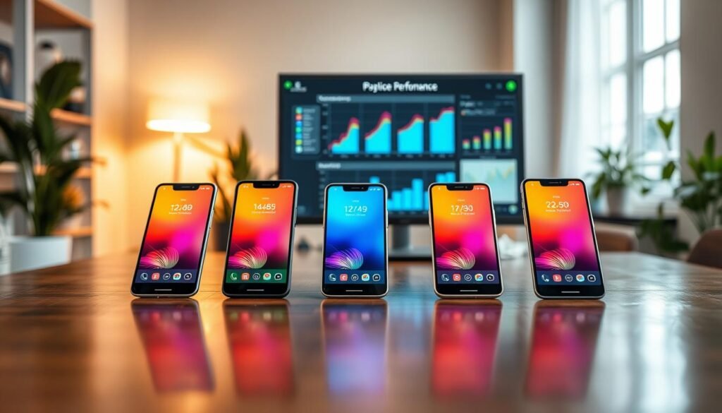 A high-tech workspace featuring five sleek modern smartphones arranged on a polished wooden table, showcasing their vibrant screens lighting up in colors that represent performance metrics. In the foreground, subtle reflections of the devices can be seen on the table’s surface, emphasizing their design. The middle background captures a blurred computer monitor displaying comparative performance charts, with a warm ambient light filtering in through a large window, casting a soft glow on the scene. A hint of greenery from potted plants adds life to the atmosphere. The scene conveys a professional yet friendly mood, ideal for highlighting smartphone performance analysis with clarity and sophistication. A high-tech workspace featuring five sleek modern smartphones arranged on a polished wooden table, showcasing their vibrant screens lighting up in colors that represent performance metrics. In the foreground, subtle reflections of the devices can be seen on the table’s surface, emphasizing their design. The middle background captures a blurred computer monitor displaying comparative performance charts, with a warm ambient light filtering in through a large window, casting a soft glow on the scene. A hint of greenery from potted plants adds life to the atmosphere. The scene conveys a professional yet friendly mood, ideal for highlighting smartphone performance analysis with clarity and sophistication.