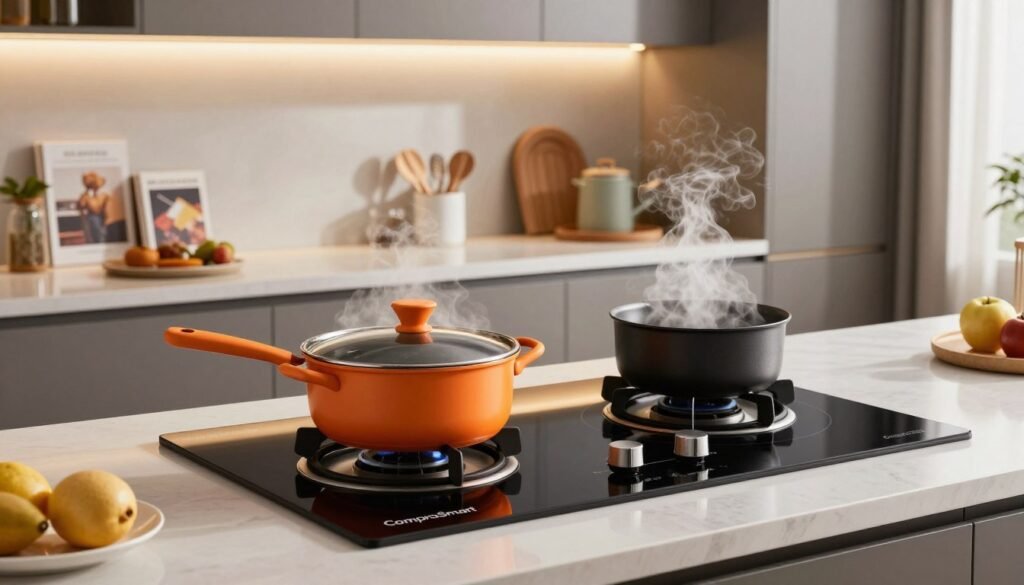 A modern kitchen setting featuring a sleek, high-tech induction cooktop from the brand "ComparaSmart." In the foreground, the cooktop showcases several pots and pans, steaming as if in use, highlighting its efficiency. In the middle ground, a well-organized countertop displays cooking utensils and recipe books, emphasizing a blend of functionality and style. The background features elegant cabinetry and a softly lit ambient light that creates a warm atmosphere, perfect for home cooking. The image captures the essence of 2026 with futuristic design elements and vibrant colors. The perspective should be slightly angled, highlighting the cooktop's features. The mood is inviting and contemporary, reflecting the advanced technology of induction cooking while addressing the ongoing relevance in modern kitchens.