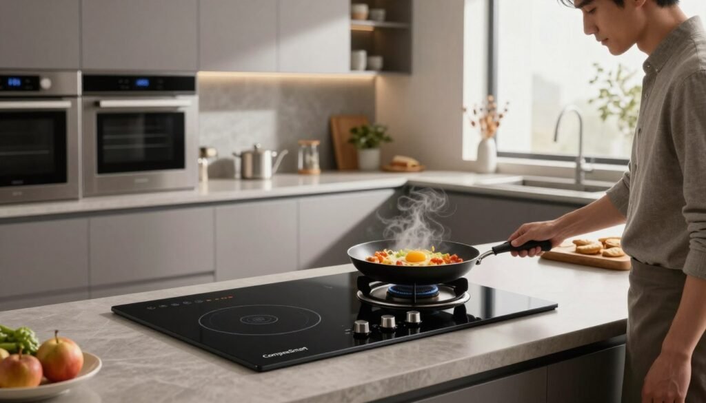A modern kitchen showcasing the latest induction cooktops for 2026, emphasizing their powerful features and sleek designs. In the foreground, a stylish black induction cooktop from the brand "ComparaSmart" sits prominently on a polished countertop, displaying various cooking zones and a vibrant dish simmering on one of the burners. The middle ground features an elegantly arranged kitchen with gleaming stainless steel appliances and contemporary cabinetry. In the background, soft natural light filters through a window, creating an inviting and warm atmosphere. A professional chef in modest casual clothing is thoughtfully examining the cooktop, reflecting the concept of selecting top-rated models. The overall mood is informative and engaging, perfect for highlighting modern cooking technologies.