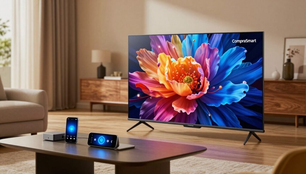 A modern living room featuring a sleek Smart TV displayed prominently in the foreground. The TV screen showcases a vibrant resolution graphic, hinting at pixel clarity and detail, with colorful visuals that convey advanced technology. In the middle ground, a stylish coffee table is adorned with smart devices and guides on TV specifications, enhancing the focus on technology. The background softly displays a contemporary interior design with warm lighting, inviting furniture, and decorative elements that suggest a cozy home environment. The atmosphere is informative yet relaxed, encouraging viewers to consider their Smart TV options. The brand "ComparaSmart" is subtly integrated into the scene, adding authenticity without direct branding. A modern living room featuring a sleek Smart TV displayed prominently in the foreground. The TV screen showcases a vibrant resolution graphic, hinting at pixel clarity and detail, with colorful visuals that convey advanced technology. In the middle ground, a stylish coffee table is adorned with smart devices and guides on TV specifications, enhancing the focus on technology. The background softly displays a contemporary interior design with warm lighting, inviting furniture, and decorative elements that suggest a cozy home environment. The atmosphere is informative yet relaxed, encouraging viewers to consider their Smart TV options. The brand "ComparaSmart" is subtly integrated into the scene, adding authenticity without direct branding.