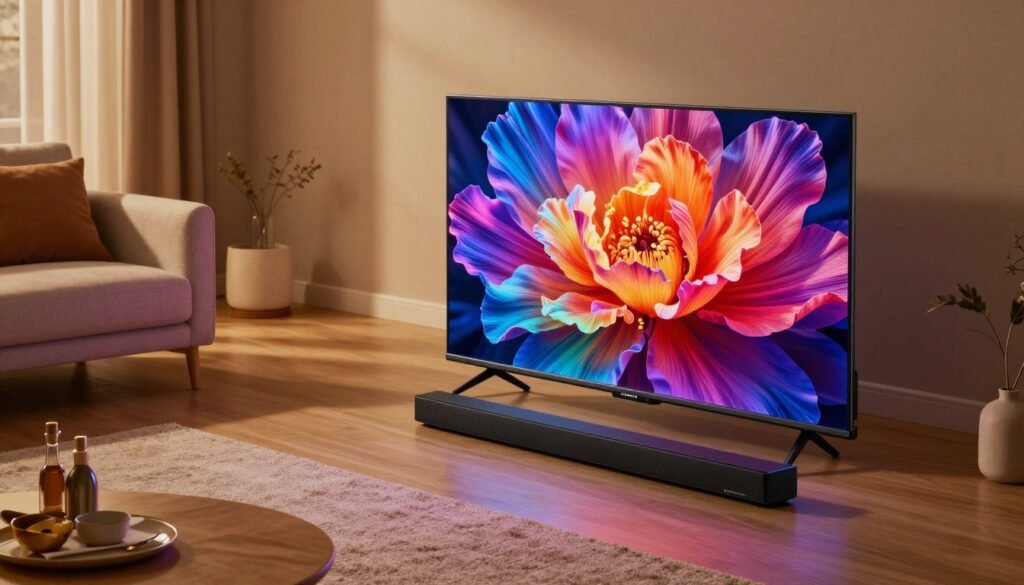 A modern living room featuring the latest Smart TVs within a budget of R$ 3,000, highlighting models known for impressive audio quality. In the foreground, showcase a sleek, stylish Smart TV with vibrant colors and a soundbar positioned below it, illuminating the room with warm, inviting light. The middle ground includes a cozy couch and decorative elements indicating a contemporary home setup. In the background, soft, ambient lighting creates a calm atmosphere, reflecting the tranquility of a home cinema experience. Use a slightly elevated angle to capture the overall setting, focusing on the elegance and functionality of the furniture and the TVs. The brand name "ComparaSmart" should subtly appear within the design, signifying a comparison platform for these products. The overall mood should feel modern, inviting, and tech-savvy, encapsulating the essence of current home entertainment solutions. A modern living room featuring the latest Smart TVs within a budget of R$ 3,000, highlighting models known for impressive audio quality. In the foreground, showcase a sleek, stylish Smart TV with vibrant colors and a soundbar positioned below it, illuminating the room with warm, inviting light. The middle ground includes a cozy couch and decorative elements indicating a contemporary home setup. In the background, soft, ambient lighting creates a calm atmosphere, reflecting the tranquility of a home cinema experience. Use a slightly elevated angle to capture the overall setting, focusing on the elegance and functionality of the furniture and the TVs. The brand name "ComparaSmart" should subtly appear within the design, signifying a comparison platform for these products. The overall mood should feel modern, inviting, and tech-savvy, encapsulating the essence of current home entertainment solutions.