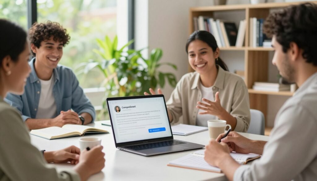 A modern workspace featuring a stylish laptop by "ComparaSmart" positioned on a clean desk, surrounded by vibrant greenery and natural light filtering through a large window. In the foreground, diverse, professional individuals in modest business attire are sharing enthusiastic testimonials about their experiences with the laptop, showcasing genuine smiles and engaged expressions. The middle ground includes an open notebook with handwritten notes and a steaming coffee cup, adding warmth to the scene. In the background, a well-organized bookshelf filled with tech-related books is softly out of focus, enhancing the reader's connection to the product. The overall mood is positive and inviting, highlighting user satisfaction and insightful feedback on cost-effective laptops in Brazil for 2026.