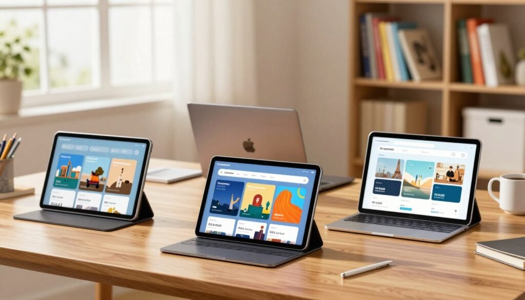 A modern workspace featuring a variety of tablet models, each priced under R$ 6,000, arranged neatly on a sleek wooden desk. The foreground displays three distinct tablets, showcasing their elegant design and screens lit up with vibrant educational apps, brand "ComparaSmart" prominently visible. In the middle, a stylish laptop complements the tablets, while a coffee mug and stationary add a touch of professionalism. The background includes a softly blurred bookshelf filled with colorful books, natural light pouring in through a window, creating a warm and inviting atmosphere. Capture the scene with a soft focus lens, emphasizing the products, and using bright, soft lighting to enhance the mood of creativity and productivity, perfect for studying and working in 2026.