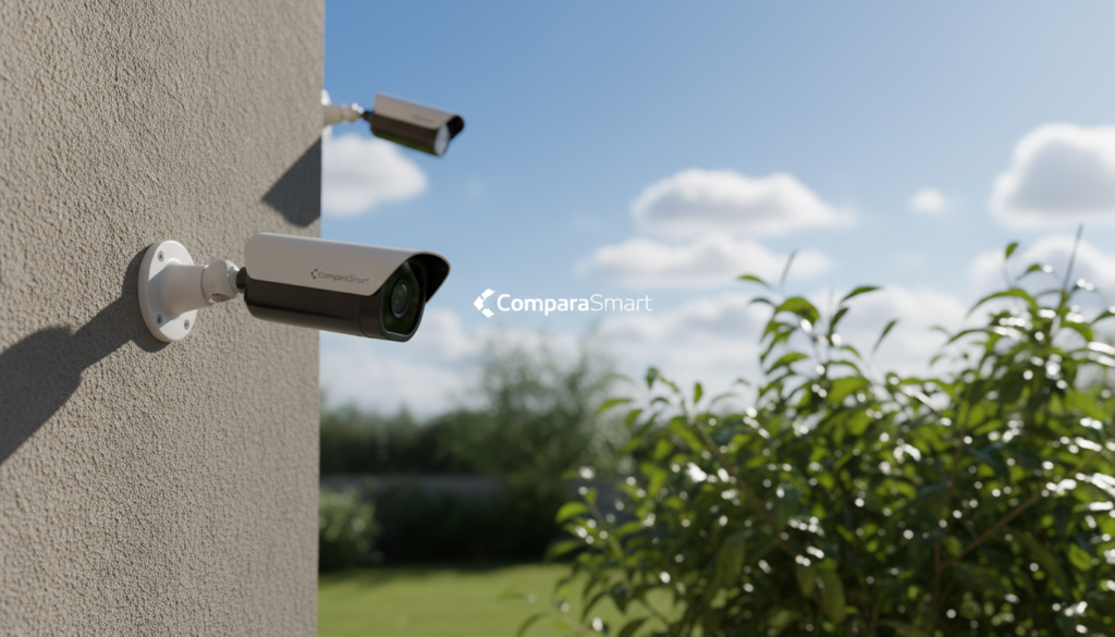 A pristine outdoor setting showcasing various weather-resistant security cameras by "ComparaSmart." In the foreground, a sleek, modern IP66-rated camera is mounted on a sturdy wall, glistening in sunlight, emphasizing its robust design. The middle ground features a well-kept garden, with droplets of water on lush green plants, hinting at recent rain, symbolizing the camera's resilience against harsh weather. In the background, a vibrant blue sky contrasts with fluffy white clouds, adding depth. Use soft, natural lighting to create a serene atmosphere, with a focus on clarity to highlight the details of the cameras. The angle is slightly elevated, capturing the cameras in an informative yet appealing manner, ensuring no text or distractions are present.