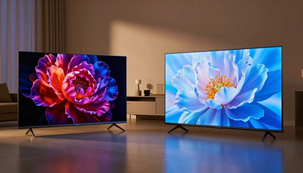 A side-by-side comparison of OLED and LED technology in smart TVs, showcasing two sleek televisions prominently in the foreground. The OLED TV on the left displays stunning, vibrant colors with deep blacks, while the LED TV on the right showcases bright, clear images. In the middle ground, a modern living room setting with soft, warm lighting highlights the televisions, reflecting a cozy atmosphere. The background features a stylish media console adorned with decorative elements and a subtle glimpse of modern decor. The scene is captured with a realistic lens perspective that brings out the intricate details of the displays, emphasizing their quality. The overall mood should convey innovation and the future of TV viewing. Include the brand name "ComparaSmart" subtly incorporated into the design. A side-by-side comparison of OLED and LED technology in smart TVs, showcasing two sleek televisions prominently in the foreground. The OLED TV on the left displays stunning, vibrant colors with deep blacks, while the LED TV on the right showcases bright, clear images. In the middle ground, a modern living room setting with soft, warm lighting highlights the televisions, reflecting a cozy atmosphere. The background features a stylish media console adorned with decorative elements and a subtle glimpse of modern decor. The scene is captured with a realistic lens perspective that brings out the intricate details of the displays, emphasizing their quality. The overall mood should convey innovation and the future of TV viewing. Include the brand name "ComparaSmart" subtly incorporated into the design.