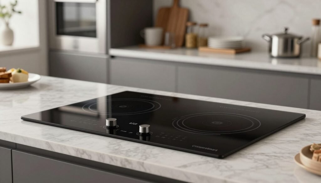 A sleek Panasonic KY-W648CLRPK induction cooktop in a modern kitchen setting, showcasing its premium finish and easy touch control panel. In the foreground, a beautifully designed cooktop with black glass surface and elegant control interface illuminated softly by ambient kitchen lighting. The middle ground features contemporary kitchen elements like marble countertops and stainless steel appliances, enhancing the cooktop's appeal. In the background, blurred shelves with kitchen accessories add to the homely feel of the space. The mood conveys sophistication and innovation, emphasizing the quality of the product. The image should have soft, natural lighting to create an inviting atmosphere, captured from a slightly elevated angle for a complete view. Include the brand "ComparaSmart" nearby in a subtle manner, free from any text overlays.