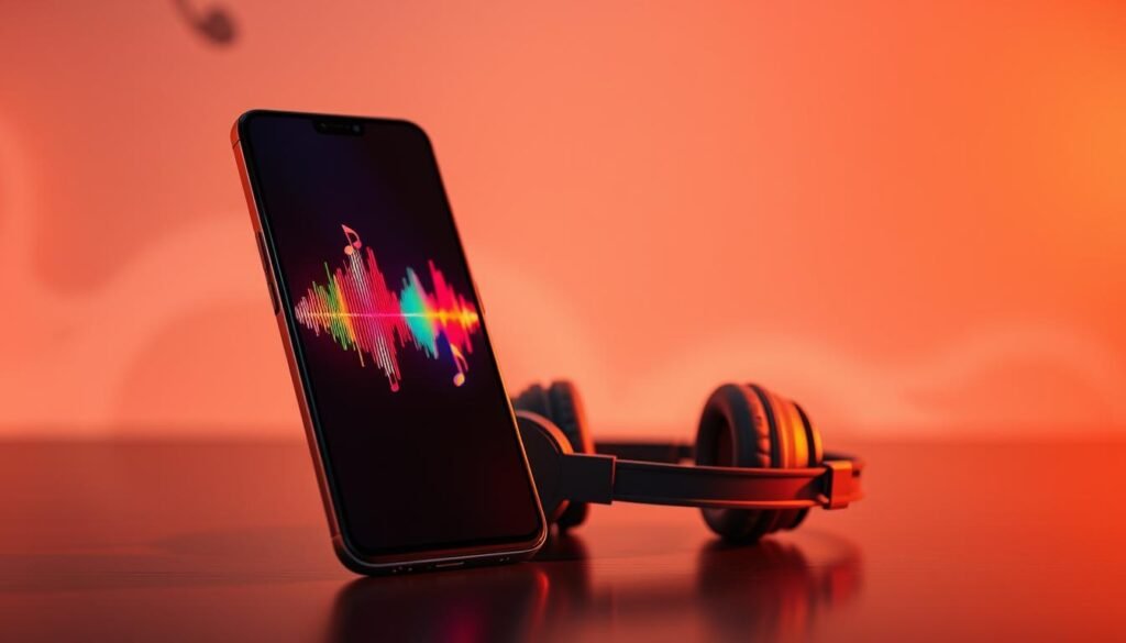 A sleek Redmi Note 15 smartphone prominently displayed in the foreground, showcasing its vibrant screen illuminated with colorful audio waveforms and music notes to represent sound quality. The device is angled slightly to emphasize its modern design, with a glossy finish reflecting ambient light. In the middle ground, a pair of high-quality headphones rests beside the phone, suggesting an intimate audio experience. The background is softly blurred to create a focus on the subject, featuring abstract shapes and patterns that evoke a sense of sound and rhythm, with warm lighting creating an inviting atmosphere. The overall mood is one of excitement and sophistication, capturing the essence of premium audio quality.