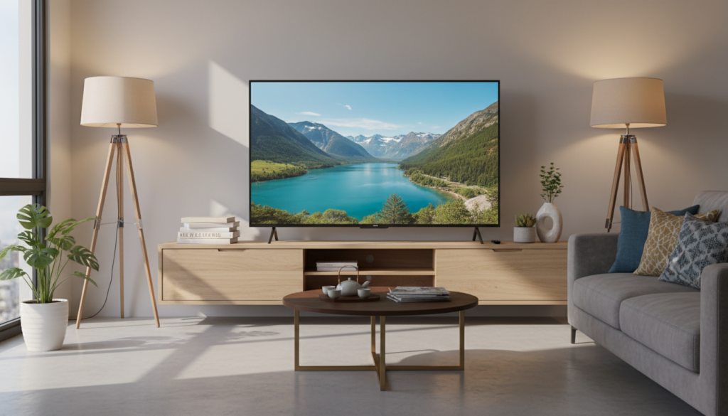 A sleek TCL P755 television elegantly showcased in a modern living room setting. The TV's ultra-slim profile and minimalist design are highlighted, featuring a vibrant display showcasing a high-definition image. In the foreground, the television stands prominently on a stylish media console, surrounded by a few decorative items like books and plant accents. The middle ground features a cozy, inviting sofa and a chic coffee table, creating a welcoming atmosphere. Soft, ambient lighting from stylish lamps bathes the room in a warm glow, while natural light filters in from a nearby window, casting gentle shadows. The overall mood conveys a blend of modernity and comfort, inviting viewers to imagine this TV as part of their own home entertainment setup.