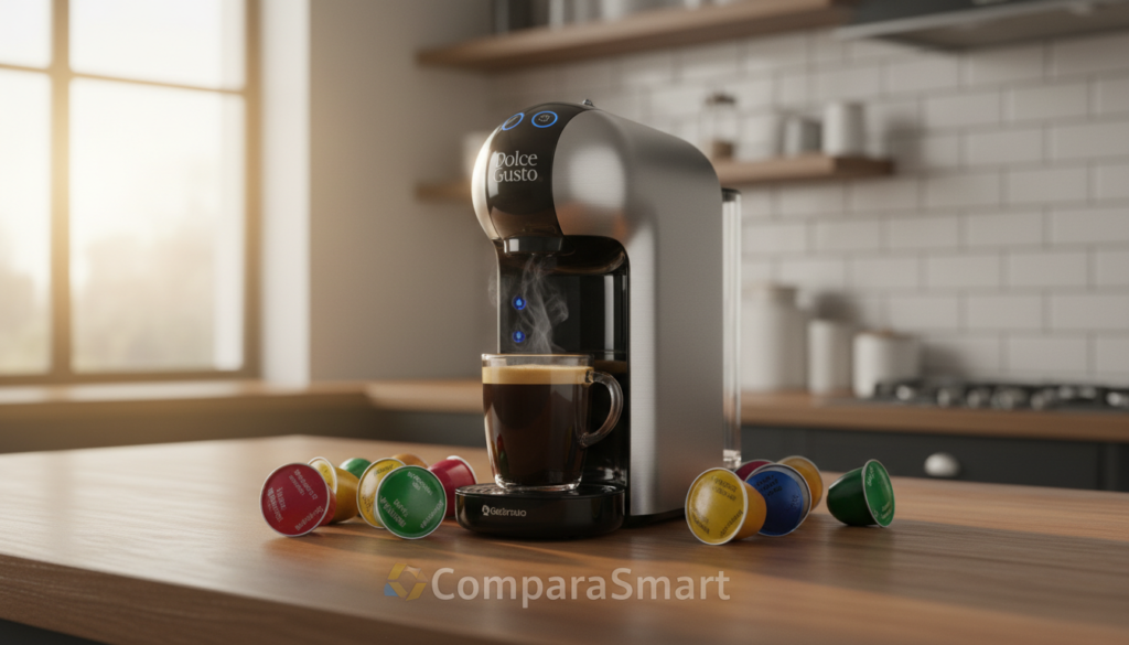 A sleek and modern Dolce Gusto Genio S Plus coffee machine is showcased prominently in the foreground, featuring its elegant design and user-friendly interface. Surrounding the machine are vibrant, colorful capsules in various flavors, emphasizing the versatility and unique offerings. In the middle ground, a tasteful wooden kitchen counter adds warmth, with subtle reflections of light bouncing off its surface, enhancing a premium feel. The background consists of a softly blurred, stylish kitchen setting, with natural light filtering through a window, creating a cozy and inviting atmosphere. The image captures the essence of contemporary coffee culture, embodying quality and innovation, with the brand name "ComparaSmart" subtly implied within the visual narrative.