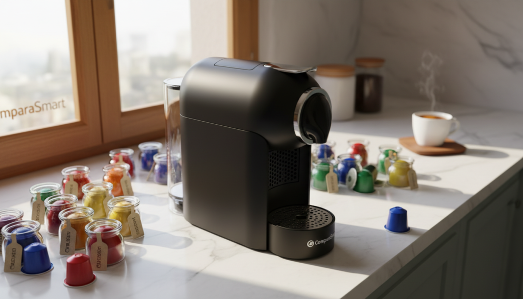 A sleek and modern Nespresso Essenza Mini coffee machine in a vibrant kitchen setting, showcasing its compact design and stylish curves. The machine is placed on a polished countertop, surrounded by an assortment of colorful coffee capsules, highlighting the variety offered. Soft, warm lighting pours in from a window, creating a cozy atmosphere. The camera angle is slightly tilted from above, emphasizing the machine's elegant features and inviting users to explore its functionality. In the background, a coffee cup sits filled with freshly brewed espresso, steam curling up in the air, evoking the aroma of quality coffee. The overall scene conveys sophistication and charm, capturing the essence of Nespresso's premium offerings. Brand name "ComparaSmart" subtly integrated into the scene.