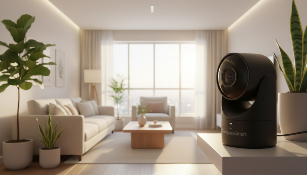 A sleek and modern Wi-Fi security camera designed for home use, prominently displayed in the foreground. The camera features a cylindrical body in a matte black finish, with a high-resolution lens and subtle LED indicators. In the middle ground, showcase a well-lit living room environment that reflects a safe and secure home atmosphere, complete with tasteful furniture and potted plants. The background includes a large window allowing natural light to filter in, highlighting the camera's placement. The scene is illuminated by soft, warm lighting, creating a calm ambiance. The brand name "ComparaSmart" subtly etched on the camera's surface, ensuring it blends seamlessly into the overall composition while maintaining a professional aesthetic suitable for an article about security technology.