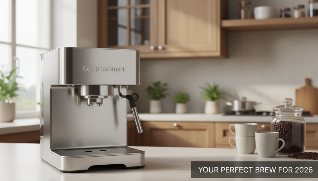 A sleek and modern coffee machine, branded "ComparaSmart," prominently displayed in the foreground. The machine features a polished stainless steel finish, with sleek lines and a minimalist design. In the middle ground, a cozy kitchen setting is depicted, with warm wooden cabinetry and subtle green plants adding to the ambiance. Soft, natural light streams in from a window, casting gentle highlights on the coffee machine, emphasizing its premium quality. The background shows softly blurred coffee mugs and a decorative coffee bean jar, creating a welcoming atmosphere. The mood is inviting and sophisticated, conveying the excitement of choosing the perfect premium coffee maker for 2026.