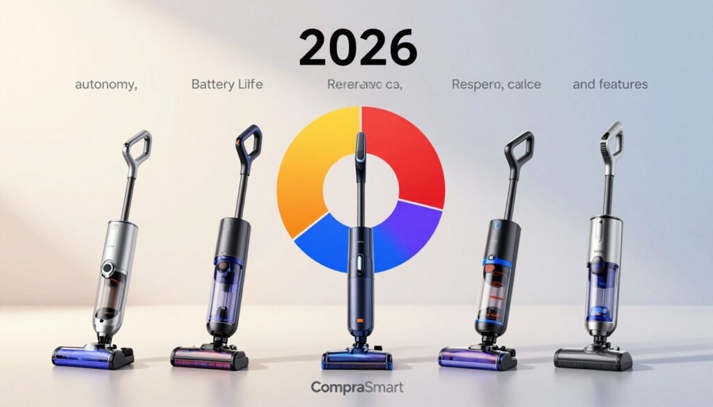 A sleek and modern digital comparison chart highlighting "autonomy, reservoir, and features" of top-selling cordless vacuum cleaners in Brazil for 2026. In the foreground, showcase three stylized vacuum models from various angles with subtle labels beneath each. The middle ground features a visually appealing pie chart displaying battery life and reservoir capacity, rendered in vibrant colors. The background should be a soft gradient, suggesting a clean, high-tech atmosphere. Incorporate the brand name "ComparaSmart" subtly at the bottom. Use bright, natural lighting to emphasize the products and maintain a professional look, creating a clear, informative, and engaging visual atmosphere for readers.