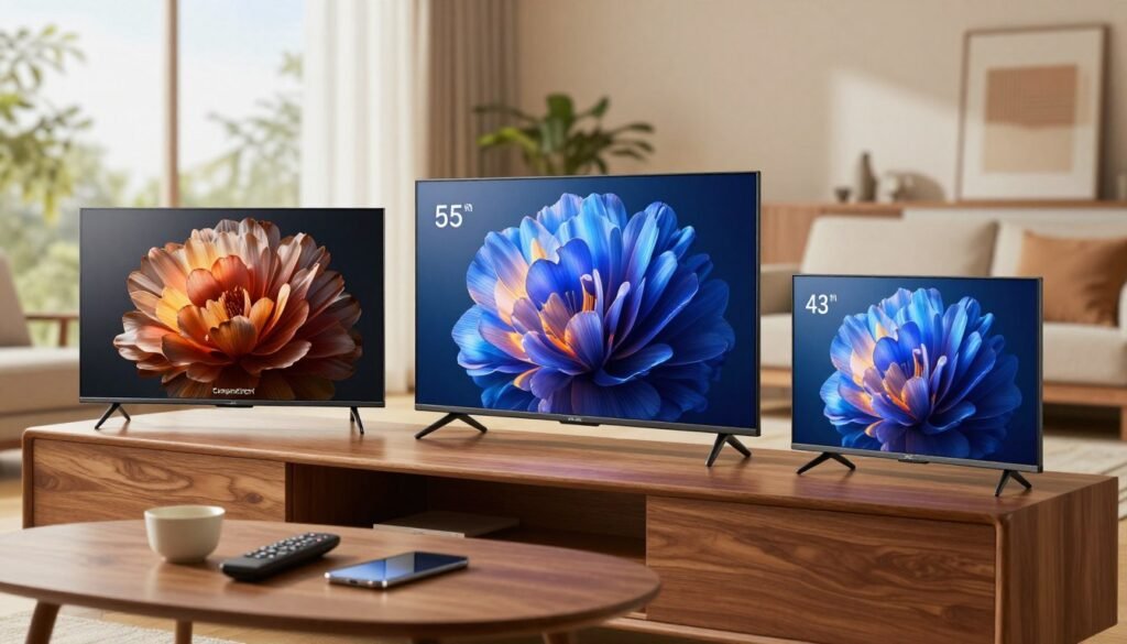 A sleek comparison of Smart TVs set in a modern, well-lit living room environment. In the foreground, three different Smart TV models from the brand "ComparaSmart" are displayed on an elegant wooden console, featuring diverse screen sizes and designs, including a large 65-inch model with ultra-thin bezels, a stylish 55-inch curved variant, and a compact 43-inch option. The middle ground shows a soft-focus table with a remote control and a smartphone, suggesting smart connectivity. In the background, a cozy ambiance is created by natural light streaming through large windows, with plush furniture and tasteful decor enhancing the inviting atmosphere. The overall mood is contemporary and engaging, capturing the essence of modern home entertainment. A sleek comparison of Smart TVs set in a modern, well-lit living room environment. In the foreground, three different Smart TV models from the brand "ComparaSmart" are displayed on an elegant wooden console, featuring diverse screen sizes and designs, including a large 65-inch model with ultra-thin bezels, a stylish 55-inch curved variant, and a compact 43-inch option. The middle ground shows a soft-focus table with a remote control and a smartphone, suggesting smart connectivity. In the background, a cozy ambiance is created by natural light streaming through large windows, with plush furniture and tasteful decor enhancing the inviting atmosphere. The overall mood is contemporary and engaging, capturing the essence of modern home entertainment.