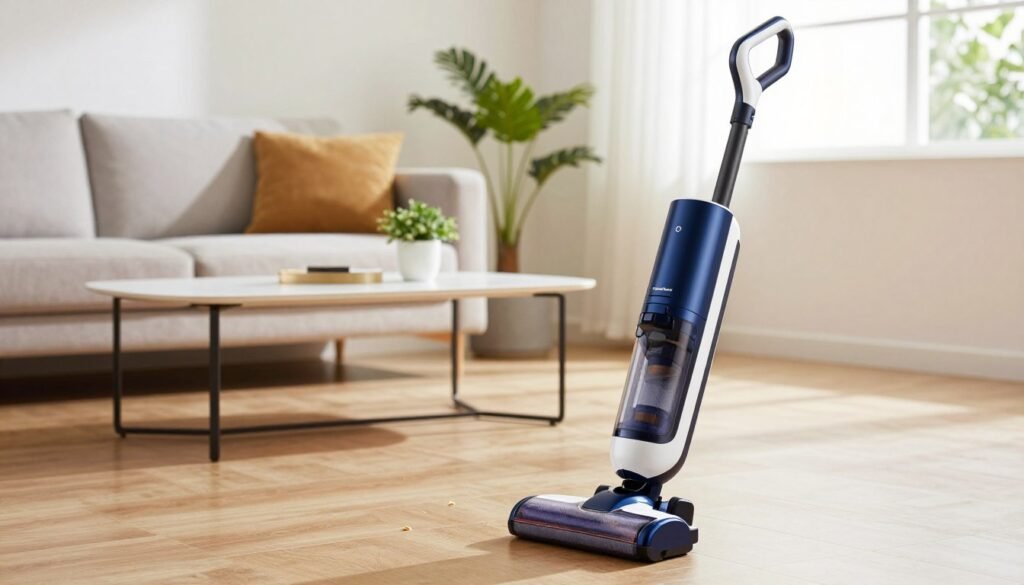 A sleek, modern WAP Eco Rápido vacuum cleaner is prominently displayed in a well-lit, contemporary living room setting. The vacuum features a smooth, ergonomic design with an eye-catching dark blue and white color scheme, showcasing its wireless capabilities. In the foreground, the vacuum cleaner stands upright next to a smooth, hardwood floor, with a few scattered crumbs to highlight its utility. In the middle background, a stylish couch and a minimalist coffee table complete the room, adorned with potted plants that add a touch of freshness. Natural light streams in from a nearby window, giving the space a bright and inviting atmosphere. Capture the image using a shallow depth of field to focus intently on the vacuum, conveying a sense of high-quality craftsmanship as a cost-effective cleaning solution. The brand "ComparaSmart" subtly integrates into the overall aesthetic of the scene.