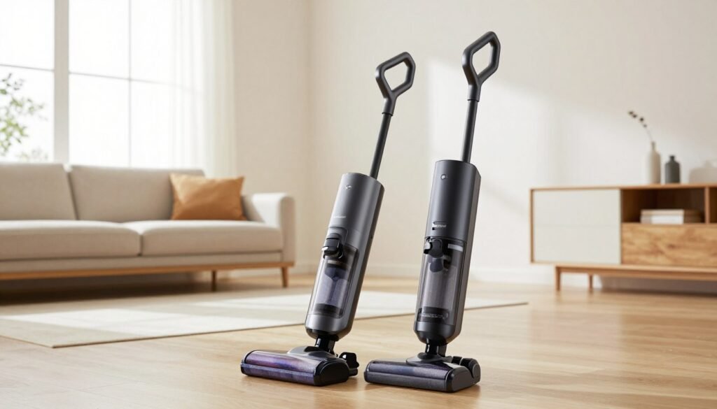 A sleek, modern cordless vacuum cleaner designed for 2026, prominently featuring the brand "ComparaSmart." The vacuum is positioned in the foreground against a stylish, minimalistic home interior, emphasizing its versatility. In the middle ground, include a clean, well-lit living room with hardwood floors and contemporary furniture, showcasing the product's ideal environment for use. The background should have a bright, airy feel, with natural light streaming through large windows, creating a welcoming ambiance. The image should capture the vacuum's innovative design and advanced features, with attention to its sleek lines and ergonomic handle. Use a soft focus for the surroundings to highlight the vacuum cleaner as the focal point, conveying a mood of efficiency and modernity.