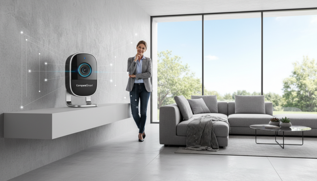 A sleek, modern living room setting featuring a high-tech Wi-Fi security camera from the brand "ComparaSmart," focusing on its advanced motion detection capabilities. The camera is prominently placed on a stylish shelf, with a friendly, professional-looking family member in smart casual attire observing the camera. In the background, a well-lit window reveals a sunny day, adding warmth to the atmosphere. Subtle visual cues suggest artificial intelligence in action, such as digital indicators or a soft glow emanating from the camera. Use a wide-angle lens perspective to highlight the camera's design and functionality, ensuring the overall mood is one of security and confidence. Soft, natural lighting emphasizes the modern decor and technology.