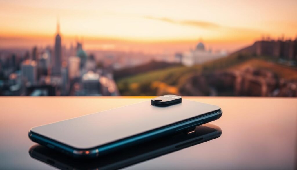 A sleek, modern smartphone with advanced camera features prominently displayed in the foreground, showcasing its multi-lens system with a high-resolution lens, and a sophisticated flash module. The smartphone rests on a glossy surface, reflecting soft ambient light to highlight its contours and design. In the middle ground, blurred images of vibrant cityscapes and lush landscapes appear, subtly hinting at the camera's capabilities in photography and video recording. The background features a soft gradient, resembling a sunset, evoking a creative and professional atmosphere. The lighting is warm and inviting, enhancing the luxurious aspects of the smartphone, while ensuring focus remains on the device itself. No people are present, maintaining a clean and professional aesthetic.