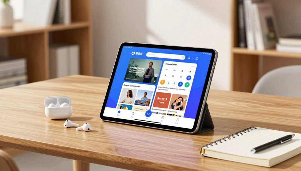 A sleek, modern tablet designed for study and work is prominently displayed on a stylish wooden desk. The tablet showcases its vibrant screen with educational content and productivity apps open. Beside it, a pair of wireless earbuds and a professional notebook enhance the productivity theme. In the background, a bright and airy office setting is visible, with soft natural light filtering through a window, casting gentle shadows. The scene captures a sense of innovation and future trends in technology. The tablet features the brand name "ComparaSmart" elegantly on the edge. A subtle bokeh effect blurs out a bookshelf filled with relevant literature, reinforcing the atmosphere of learning and advancement in a modern workspace.