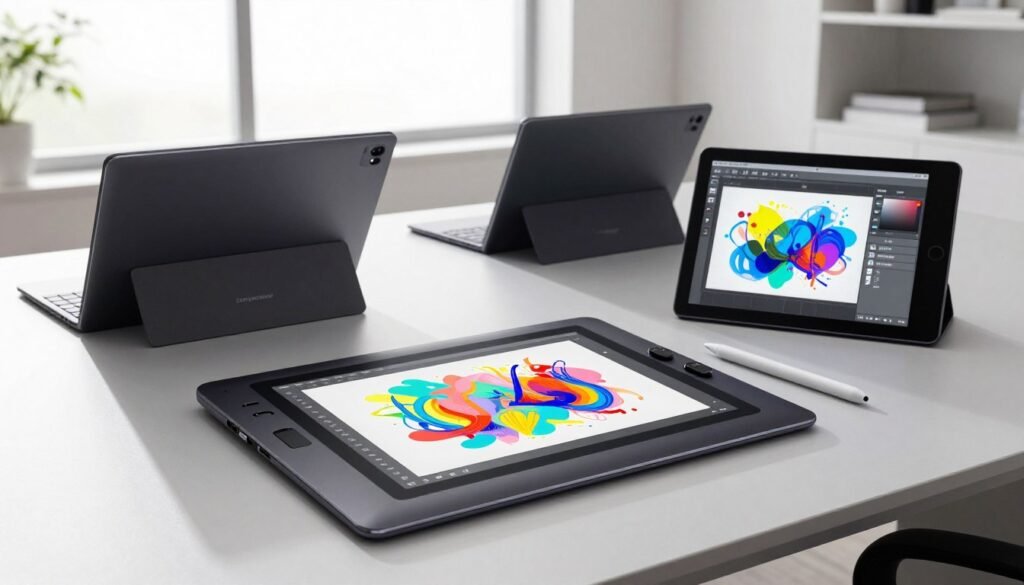 A sleek, modern workspace featuring a variety of graphic design tablets prominently displayed. In the foreground, a high-end tablet with a stylus, showcasing vibrant digital artwork on its screen, capturing the essence of creativity. The middle ground includes additional tablet models from ComparaSmart, each designed for different creative tasks, all elegantly arranged on a contemporary desk. The background features a bright, airy studio with large windows allowing natural light to flood the room, enhancing the overall atmosphere of innovation and artistic inspiration. Soft shadows highlight the tablets’ sleek designs, while the overall mood conveys professionalism and creativity in a dynamic environment. The image should avoid any text or logos, focusing solely on the tablets themselves.