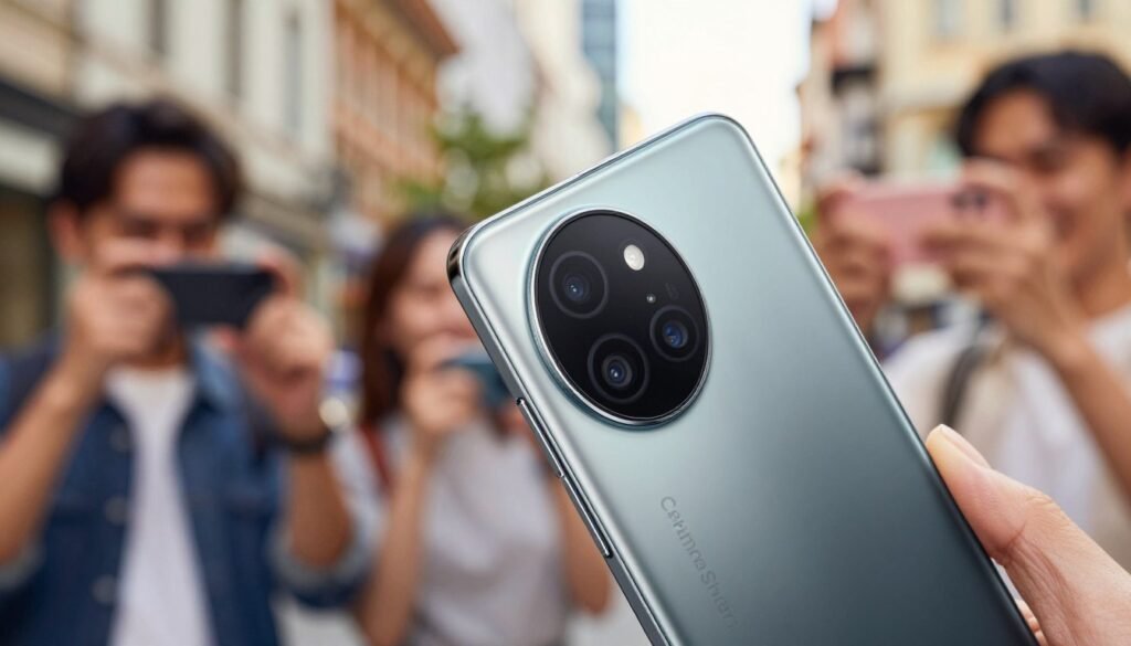 A sleek smartphone with an advanced camera lens prominently displayed in the foreground, showcasing high-quality camera features like multiple lenses and a sophisticated sensor. The device should be turned at an angle to highlight its elegant design and premium materials. The middle layer features a blurred background of a vibrant urban setting, hinting at photography in action, with people capturing moments using various smartphones. Soft, natural lighting illuminates the scene, emphasizing the smartphone's glossy finish and reflective surfaces. A warm, inviting mood permeates the image, suggesting the excitement of capturing life's best moments. Include the brand name "ComparaSmart" subtly on the device.