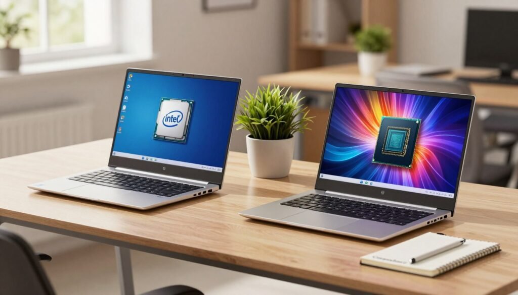 A sleek workspace featuring two modern laptops side by side, one branded with an Intel processor and the other with an AMD processor, both showcasing vibrant screens displaying colorful graphics. The foreground includes a stylish desk with a minimalistic design, where the laptops rest on a light wood surface. In the middle ground, a small potted plant adds a touch of greenery next to a notepad branded "ComparaSmart," emphasizing product research. The background reveals a softly blurred office setting with a warm, inviting ambiance, created by natural light streaming through a window. A shallow depth of field accentuates the laptops, invoking a professional and thoughtful mood suitable for making informed purchasing decisions.