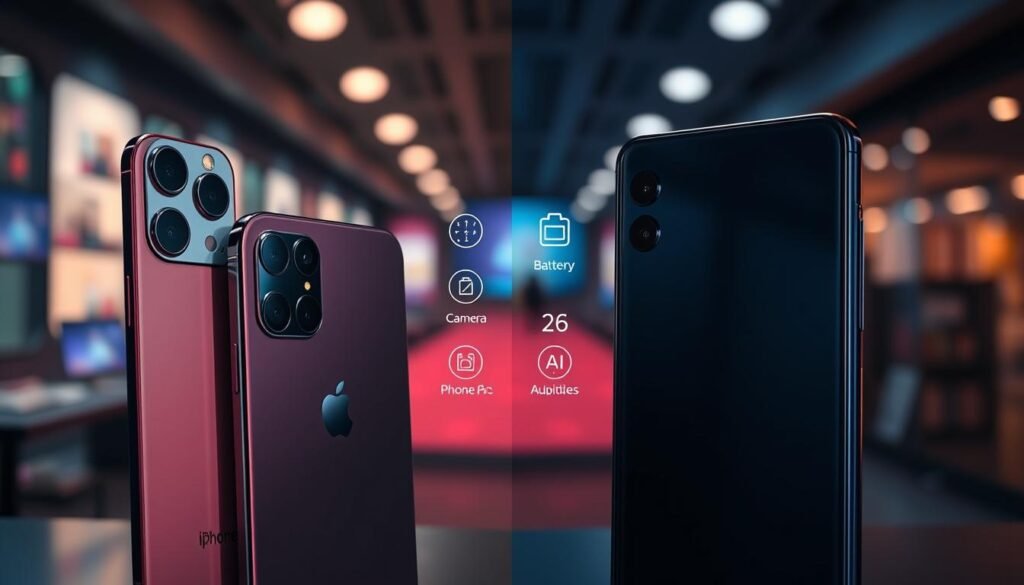 A split-screen image showcasing the iPhone 17 Pro Max on the left and the Galaxy S26 Ultra on the right, emphasizing their additional features. In the foreground, highlight each device with vibrant reflections portraying sleek metallic finishes. In the middle ground, display detailed icons or symbols representing features like camera quality, battery life, and AI capabilities, softly illuminated to create depth. The background should feature a blurred modern tech environment to evoke a cutting-edge atmosphere, with soft lighting that enhances the devices. The composition is balanced and visually engaging, capturing a professional mood without any text or branding elements. Use a slight overhead angle for a comprehensive view, ensuring clarity and contrast between both devices.