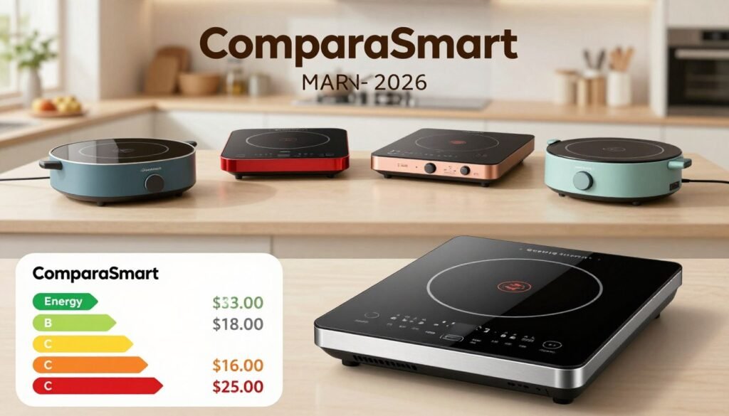 A vibrant and informative comparison image showcasing five different induction cooktops available in Brazil in March 2026 under the brand name "ComparaSmart". The foreground features a sleek induction cooktop model with modern design details, such as touch controls and a minimalist style, accompanied by labeled infographics highlighting key features like energy efficiency, cooking zones, and price. In the middle ground, present the other four models in a clean, well-lit kitchen setting, each with distinct colors and styles to emphasize their unique characteristics. The background displays a soft-focus kitchen ambiance with warm lighting, giving a welcoming and practical feel. Aim for a professional, engaging atmosphere suitable for a product comparison article.