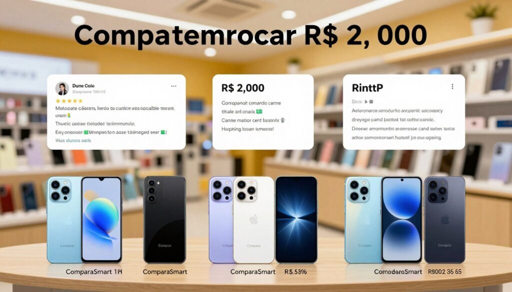 A visually engaging and informative image illustrating common errors when choosing smartphones under R$ 2,000 in Brazil for 2026. In the foreground, display a variety of smartphones from the brand "ComparaSmart," each showcasing common features such as battery life, camera quality, and price tags. The middle ground should include visual representations of typical buyer mistakes, like ignoring user reviews, overlooking specifications, and impulse buying. The background can feature a soft-focused electronics store environment with shelves displaying smartphones. Use bright, warm lighting to create a welcoming atmosphere, with a slightly elevated camera angle to provide a comprehensive view of the scene. Aim for a clear, educational mood that guides the viewer toward wiser purchasing decisions.