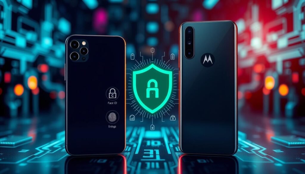 A visually striking comparison of Apple and Motorola smartphones focused on data security. In the foreground, feature a sleek iPhone 17 Pro Max and a modern Motorola Edge 70 Signature, both highlighted with a soft spotlight to emphasize their glossy finishes. In the middle ground, visually represent security features such as digital locks and shields, with each phone displaying unique elements; the iPhone showcasing Face ID and an encryption symbol, while the Motorola features a fingerprint sensor and a secure chip icon. The background is a blurred tech environment, incorporating elements like data streams and circuitry patterns, illuminated with cool blue and green tones to evoke a futuristic atmosphere. The composition should convey a sense of cutting-edge technology and trustworthiness.