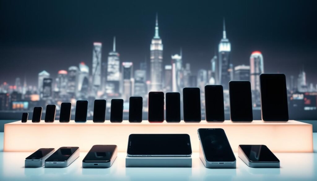 A visually striking representation of the evolution of smartphones over the years, featuring a gradient timeline from the earliest models to the latest. In the foreground, a series of iconic smartphones from different eras, such as the first iPhone, Android devices, and culminating with the iPhone 17 Pro Max and Galaxy S26 Ultra, all displayed on elegant pedestals. The middle ground shows a blurred progression of tech innovations, such as touchscreen interfaces and AI features merging into the designs. The background features a tech-inspired city skyline illuminated by soft neon lights, suggesting a future-oriented vibe. The atmosphere is sleek and modern, captured with dramatic lighting and a low-angle perspective to emphasize the smartphone lineup. Optimize for clarity and detail, avoiding any text or overlays.