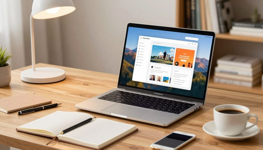 A well-organized workspace featuring a modern laptop, branded "ComparaSmart," open and displaying a vibrant home screen filled with productivity apps. In the foreground, there are neatly arranged office supplies: a stylish notebook, a pen, and a cup of coffee, suggesting a productive atmosphere. The middle layer showcases the laptop on a sleek wooden desk, surrounded by soft lighting from a nearby desk lamp, creating a warm, inviting ambiance. In the background, a soft-focus view of a bookshelf filled with books on technology and personal development enhances the setting. The composition captures a sense of innovation and efficiency, embodying the essence of smart notebook usage in 2026.