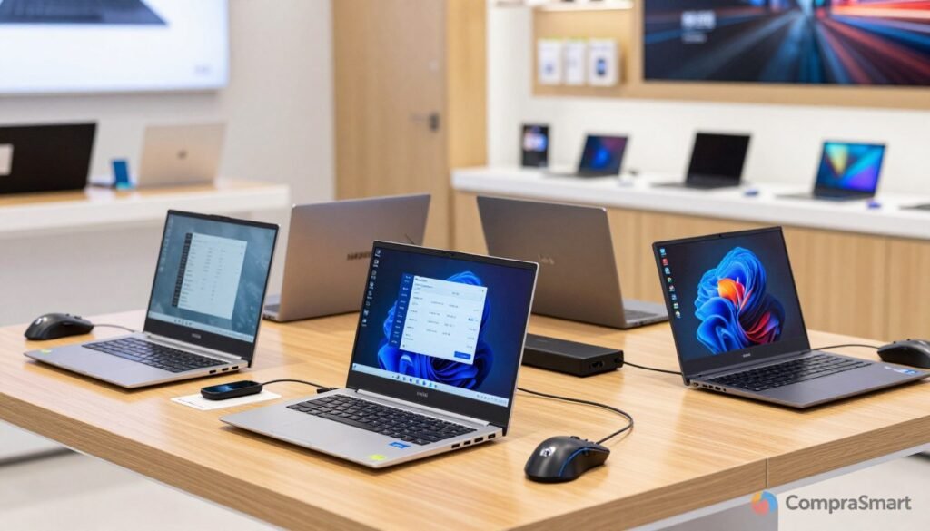 Realistic image of a comparative display of high-quality laptops under R$ 5,000 from various brands, focusing on modern designs and technological features. The foreground features three laptops open on a stylish wooden table, showcasing vibrant screens displaying specifications and performance stats. The middle ground highlights compact accessories, such as gaming mice and USB hubs, providing context to each laptop’s capabilities. In the background, a softly blurred electronics store environment with bright, inviting lighting and shelves filled with tech products reflects a sense of innovation. The atmosphere is professional yet approachable, conveying a sense of careful selection. Include the logo "ComparaSmart" subtly in the corner of the image.