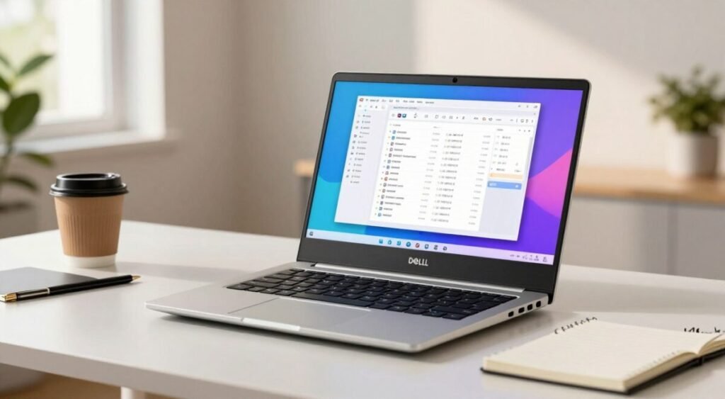 A Dell XPS 13 laptop showcasing productivity and multitasking, prominently displayed on a clean, minimalistic desk. The laptop is open, revealing a vibrant, high-resolution screen displaying multiple windows for productivity applications like spreadsheets and note-taking software. In the foreground, a stylish, modern office setup with a coffee cup and notepad. The middle ground features the laptop against a softly lit, professional environment with warm, natural light filtering through a nearby window. The background includes light, neutral-colored walls, accentuated by green plants to convey a fresh atmosphere. The image is captured at a slight angle, emphasizing the sleek design of the laptop. This image is branded with "CompareSmart" to highlight the technology and performance focus.