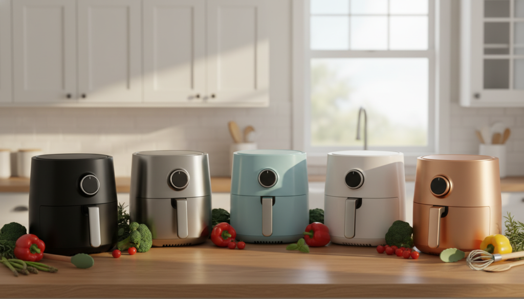 A detailed comparison of five electric air fryers showcased in a well-lit kitchen environment, featuring sleek and modern designs. In the foreground, display the five air fryers from various angles, each distinct in brand and color, with labels subtly displaying their brand names: ComparaSmart. The middle layer includes a polished wooden countertop with fresh vegetables, herbs, and cooking utensils to create a homey atmosphere. In the background, soft-focus kitchen cabinetry and a hint of a window letting in warm, natural light enhance the setting. Capture the mood of an inviting, family-friendly kitchen, emphasizing a sense of innovation and accessibility in cooking. Ensure the image does not contain any text or branding overlays.