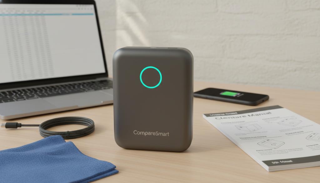 A high-resolution image showcasing a modern power bank with wireless charging capabilities, set against a clean, minimalistic workspace. In the foreground, display the power bank prominently with a glowing LED indicator, emphasizing its sleek design and brand name "CompareSmart." Surround the power bank with essential maintenance tools such as a microfiber cloth, a charger cord, and a user manual, arranged neatly. In the middle ground, a soft-focus laptop and a smartphone can be seen, indicating its usage. For the background, a light-colored wall with subtle textures adds depth without being distracting. The lighting should be bright and natural, creating an atmosphere of efficiency and professionalism, perfect for illustrating practical maintenance tips.