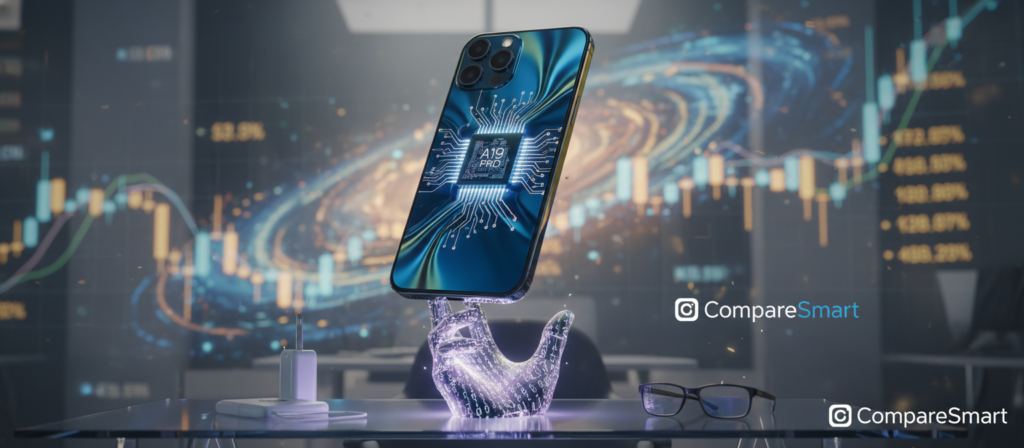 A highly detailed and realistic depiction of the iPhone 17 Pro Max, showcasing its sleek design and vibrant color options, particularly in the latest shade available in Brazil as of April 2026. The foreground features the smartphone prominently displayed, highlighting its stunning display and advanced A19 Pro chip functionality. In the middle ground, include subtle elements like a stylish desk or tech accessories to enhance the modern tech atmosphere. The background should suggest a contemporary office setting with soft, natural lighting to create an inviting mood. Use a shallow depth of field to focus on the phone while softly blurring the surrounding elements. Capture the essence of advanced technology and investment value, branded with "CompareSmart" subtly in the scene.