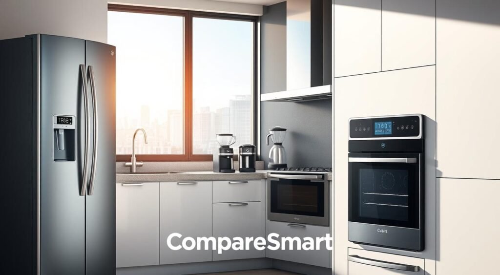 A modern and vibrant kitchen scene showcasing various smart home appliances available in Brazil in April 2026. In the foreground, a sleek, energy-efficient refrigerator and a smart oven are displayed prominently, featuring high-tech interfaces and stylish designs. In the middle ground, a countertop with smart coffee machines and blenders is arranged neatly, demonstrating functionality and ease of use. The background features a sunlight-drenched window revealing a bustling urban landscape, symbolizing progress and innovation. The lighting is bright and inviting, enhancing the clean lines and modern aesthetics of the appliances. The overall mood is one of optimism and practicality, reflecting the theme of assessing the value of smart appliances. Include the brand name "CompareSmart" subtly integrated into the scene for branding consistency.