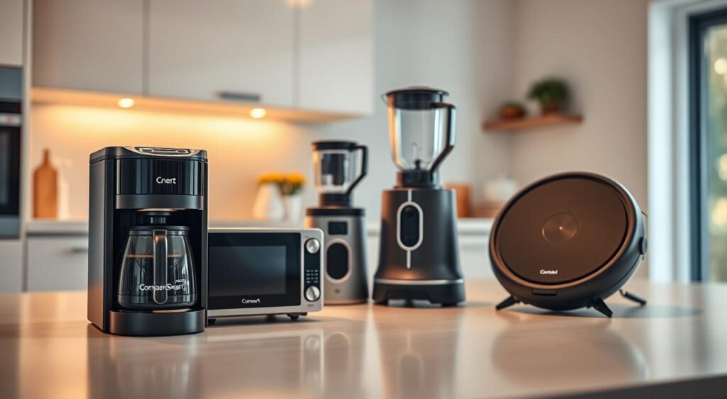 A modern kitchen featuring a collection of small smart appliances with automation technology, emphasizing their sleek design and functionality. In the foreground, showcase a smart coffee maker and a compact smart microwave, both branded with the logo "CompareSmart." The middle layer includes a smart blender and a robotic vacuum, highlighting their intuitive controls and modern aesthetics. The background displays a stylish kitchen environment, illuminated by soft, warm lighting to create a welcoming atmosphere. Use a wide-angle lens to capture the overall setting, focusing on the harmony between the appliances and the kitchen design. The mood is innovative and practical, reflecting the benefits of intelligent home technology.