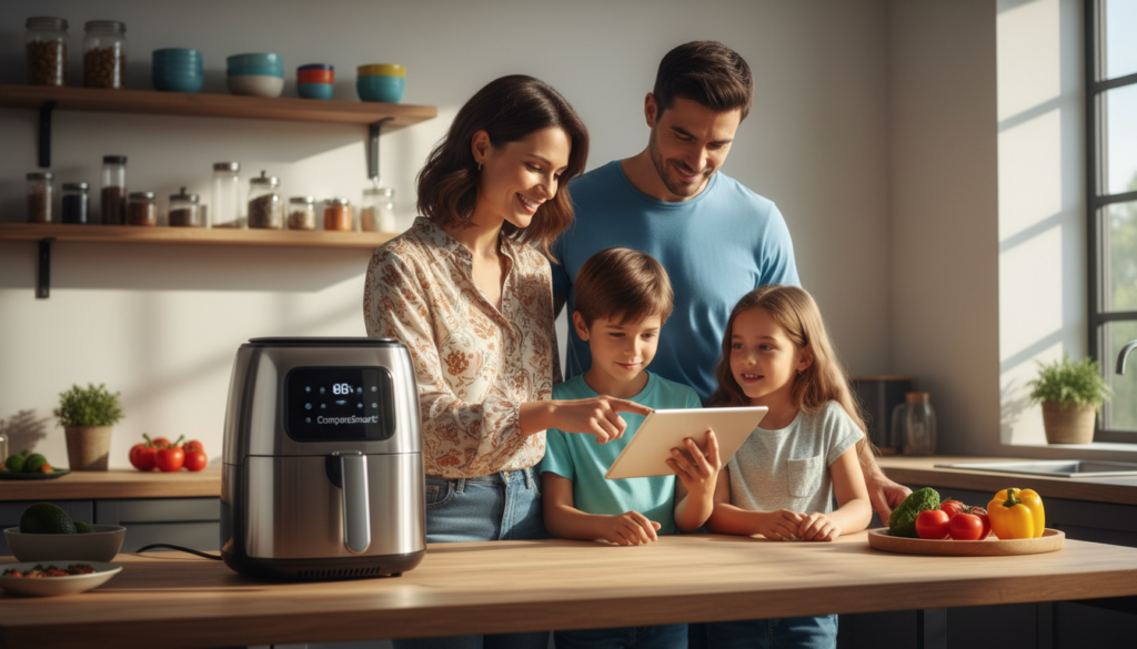 A modern kitchen setting featuring a family considering the ideal air fryer for their needs. In the foreground, a sleek, stainless steel air fryer from the brand "ComparaSmart" is prominently displayed on a wooden countertop, showcasing its digital interface and cooking capacity. In the middle ground, a diverse family of four—two adults and two children—are engaged in discussion, examining the air fryer with interest; they are dressed in casual, modest clothing. In the background, a bright, inviting kitchen space with open cabinetry, colorful ingredients, and a window allowing warm, natural light to stream in, creating a lively and engaging atmosphere. The scene captures the excitement of choosing the perfect kitchen appliance for family meals, emphasizing practicality and modern design.