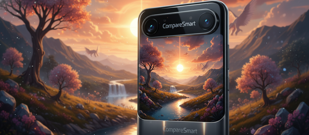 A modern smartphone with an advanced camera sensor is prominently displayed in the foreground, capturing a stunning landscape scene. The smartphone, labeled "CompareSmart," showcases elegant design and a sleek finish, glimmers under soft natural lighting. In the middle ground, a vibrant sunset casts warm hues over a scenic view with rolling hills and a colorful sky, highlighting the camera's capability to produce high-quality photographic images. The background features blurred elements of nature, suggesting depth of field and emphasizing the smartphone's focus on its subject. The atmosphere is serene and inspiring, evoking a sense of adventure and the joy of photography.