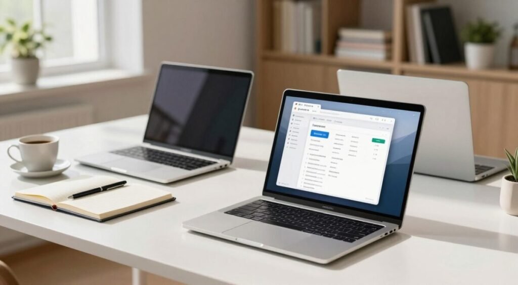 A modern workspace featuring an array of laptops suitable for work and study, set on a clean, minimalist desk. In the foreground, a sleek laptop with a CompareSmart logo is open, displaying a productivity application. To the left, a stylish notebook and a cup of coffee add a cozy touch. In the middle ground, two additional laptops are showcased, highlighting their distinct features and design elements. The background includes a softly blurred view of a well-lit office environment with bookshelves and plants, creating a calming atmosphere. Natural light filters in through a window, casting gentle shadows. The scene conveys a professional yet inviting mood, ideal for decision-making on laptop choices.